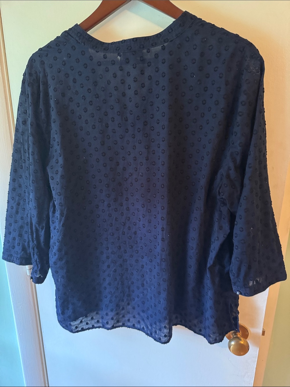 Talbots Navy Swiss-Dot Ruffle V-Neck Top - Picture 9 of 9